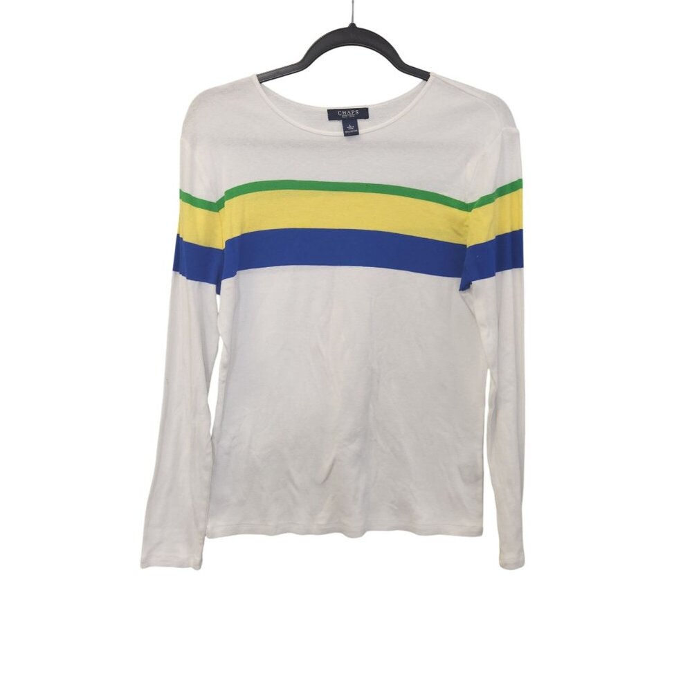 Chaps Womens L Long Sleeve White Tee  Yellow/Green/Blue Stripes 100% Cotton 2441